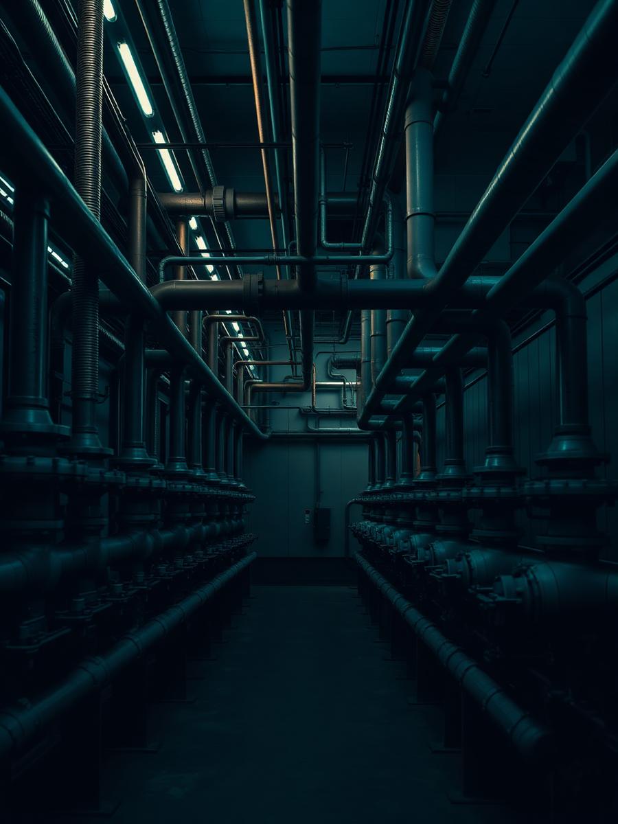 Commercial plant room with rows of water pipes and valves