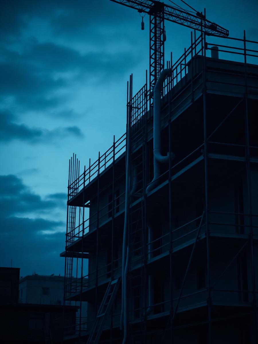 Construction site with exposed plumbing pipework at dusk