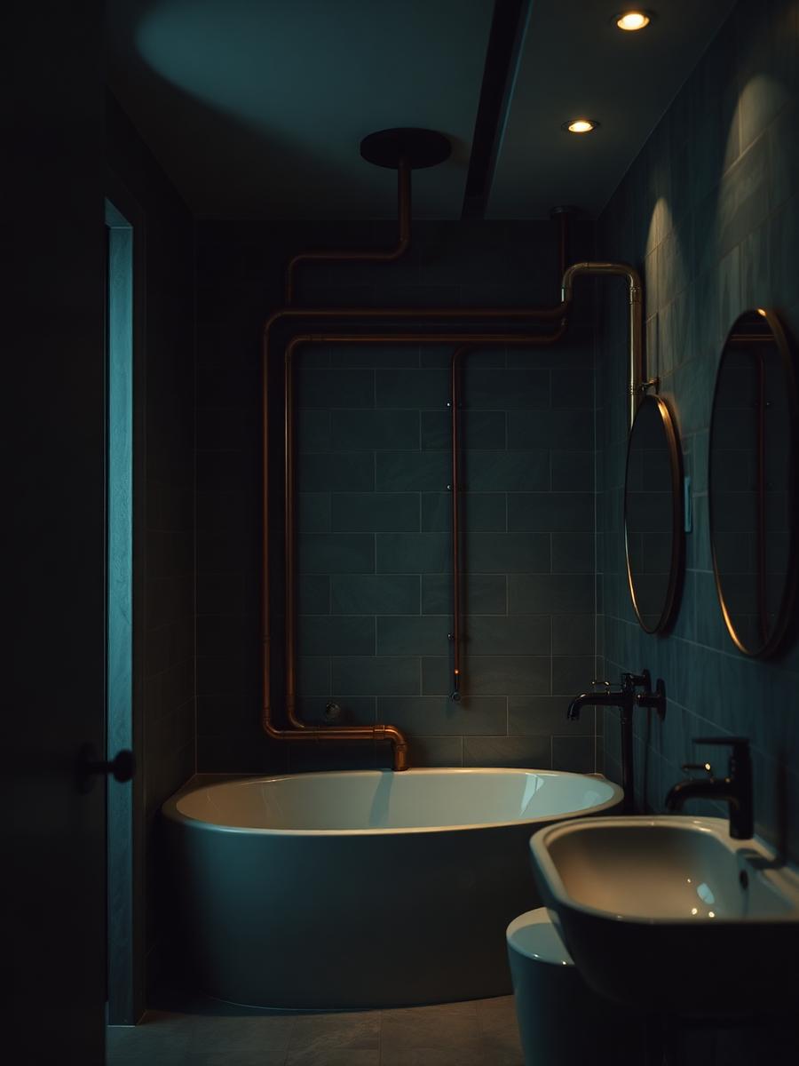 Dark modern bathroom with exposed copper plumbing